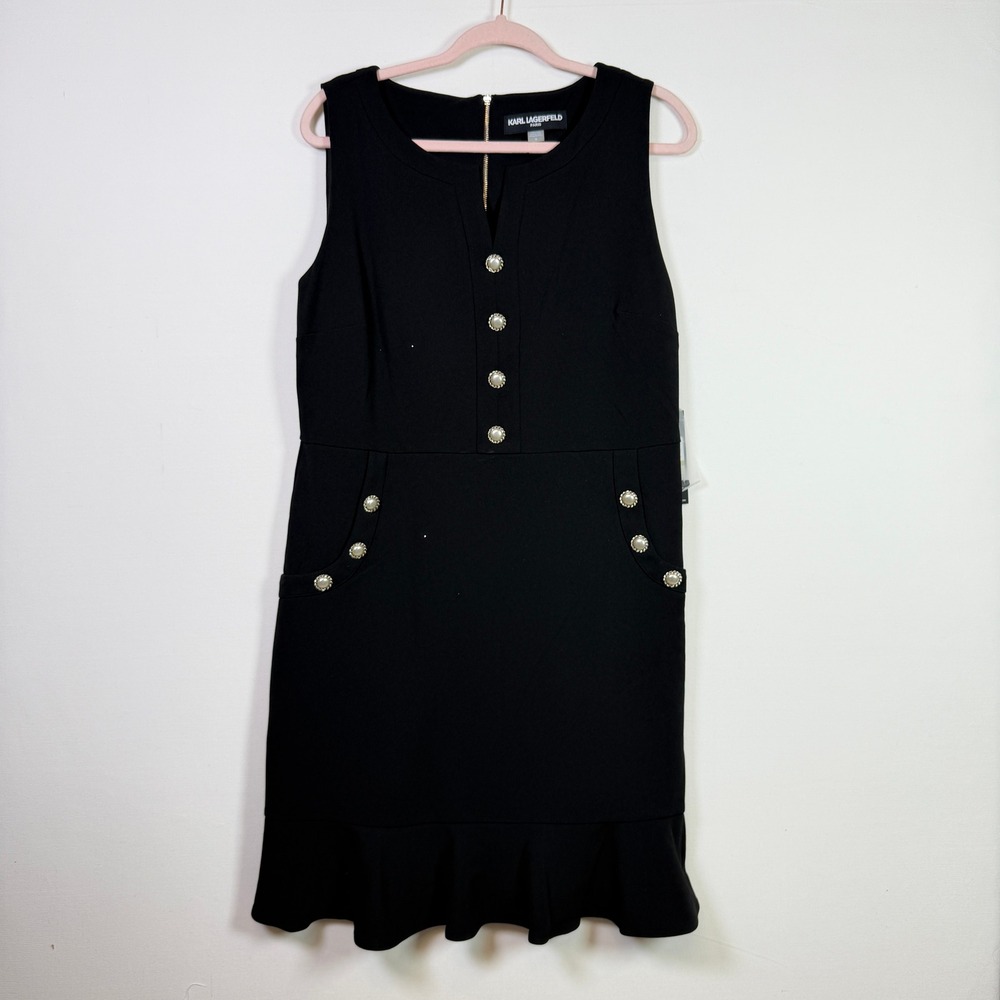 KARL LAGERFELD Black Pearl Button Ruffle Hem Sheath Dress 14